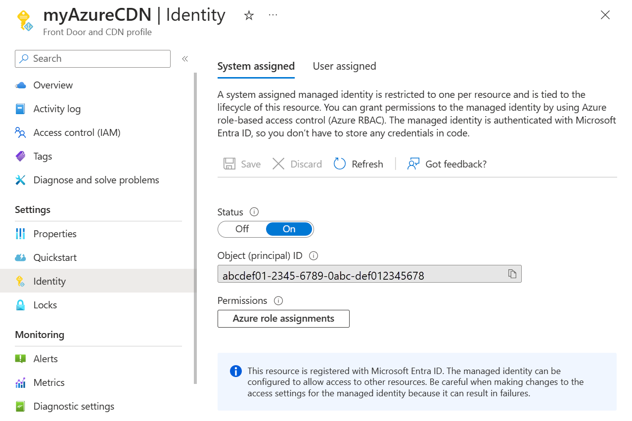 使用 Microsoft Entra ID 註冊的系統指派的受控識別的螢幕擷取畫面。