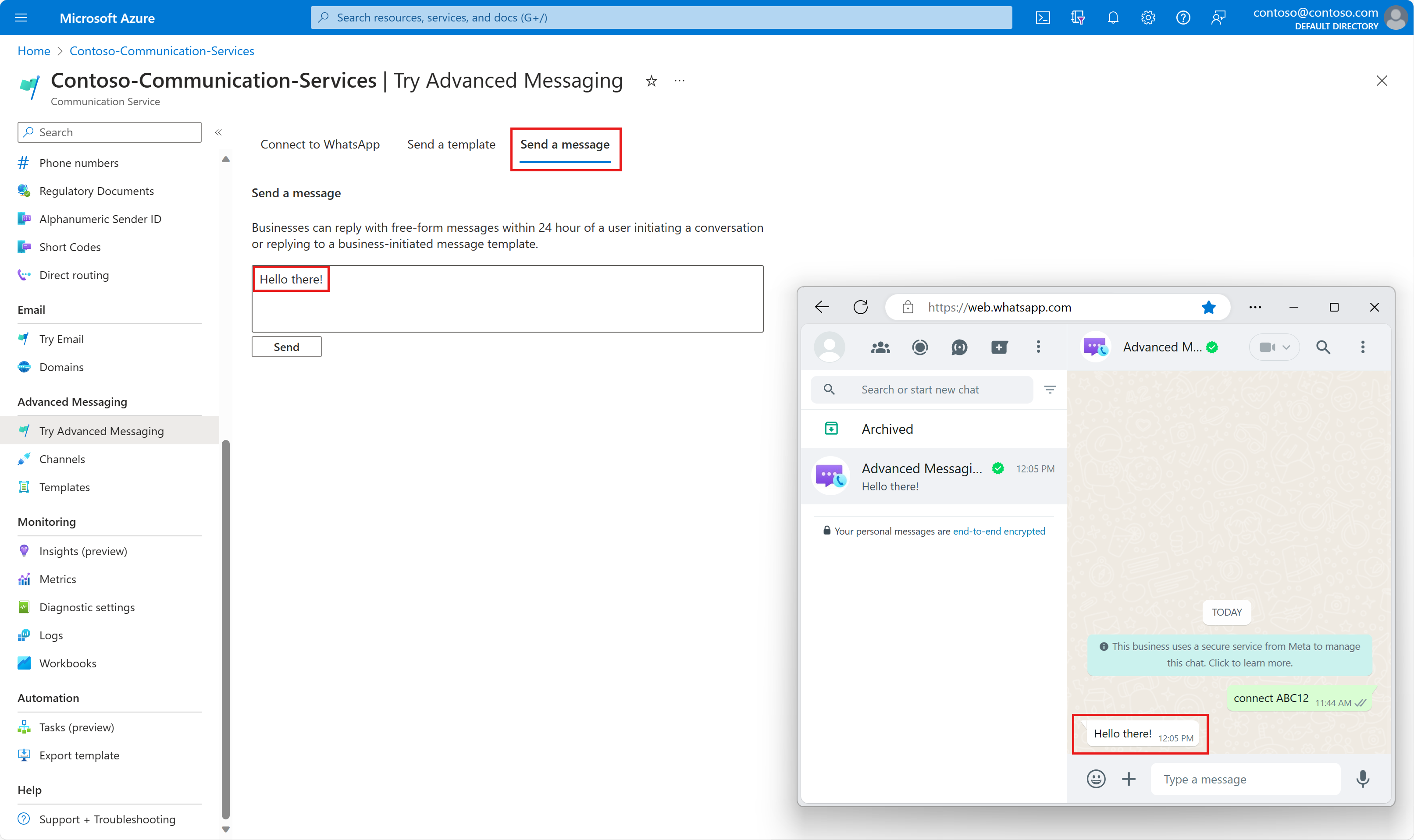 Screenshot that shows WhatsApp Send text message in the Azure portal.