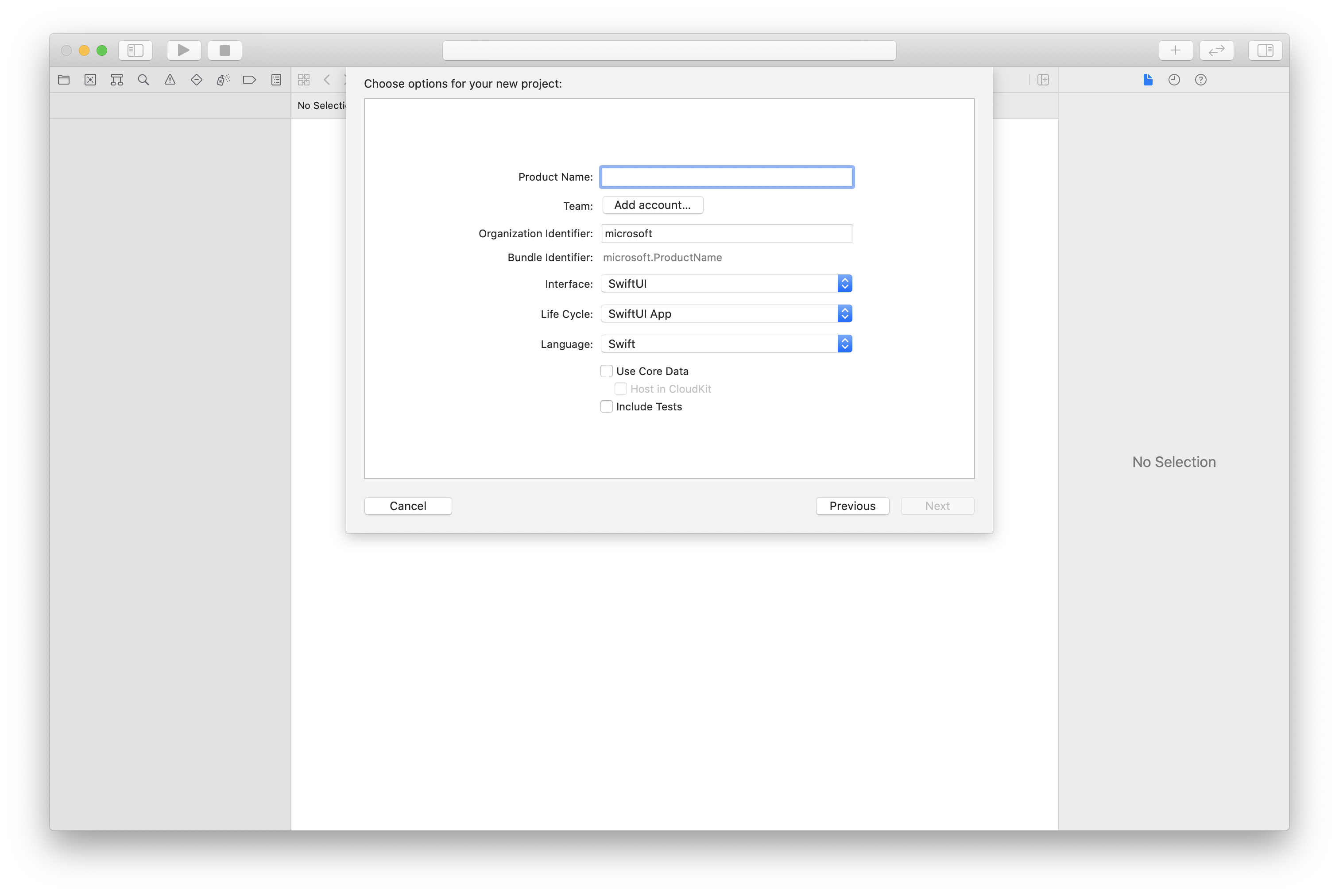 螢幕擷取畫面：顯示用於在 Xcode 內建立專案的視窗。