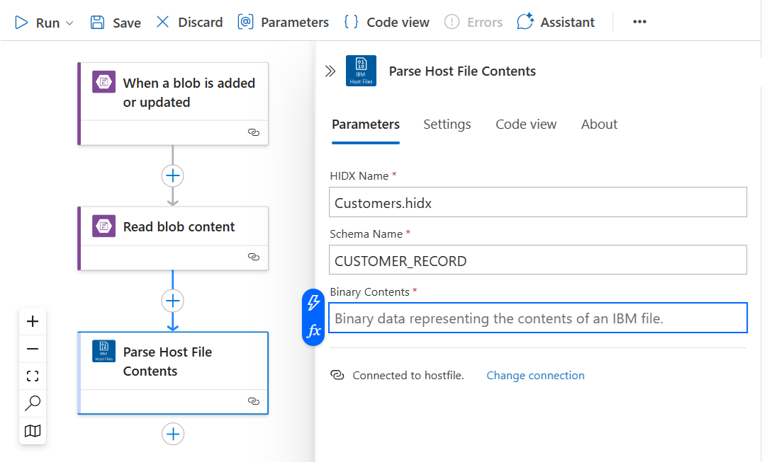 Screenshot shows the Parse Host File Contents action with selected HIDX file and schema.