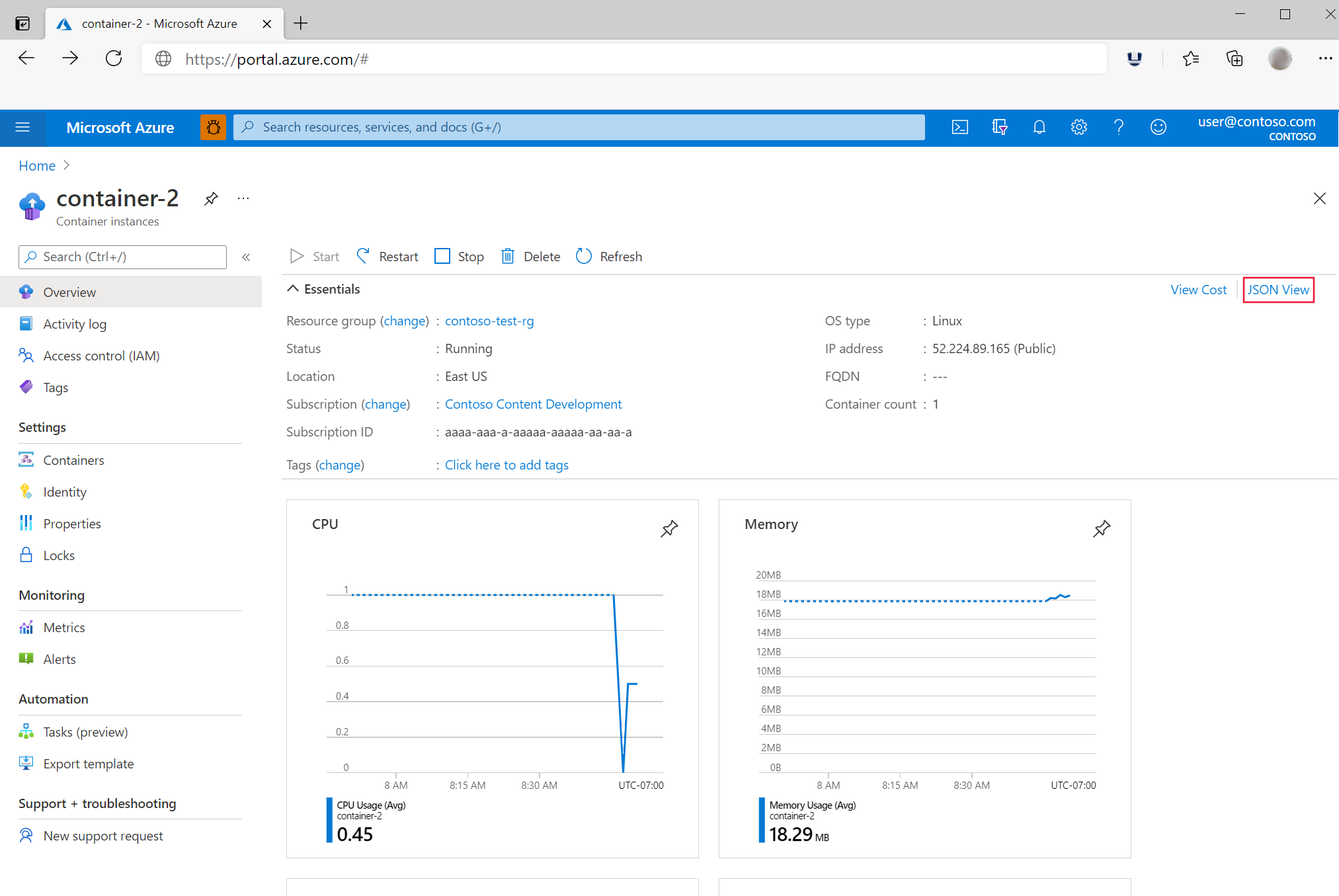 會顯示 Azure 入口網站 中的 [概觀] 刀鋒視窗。連結 『JSON 檢視』 已醒目提示。