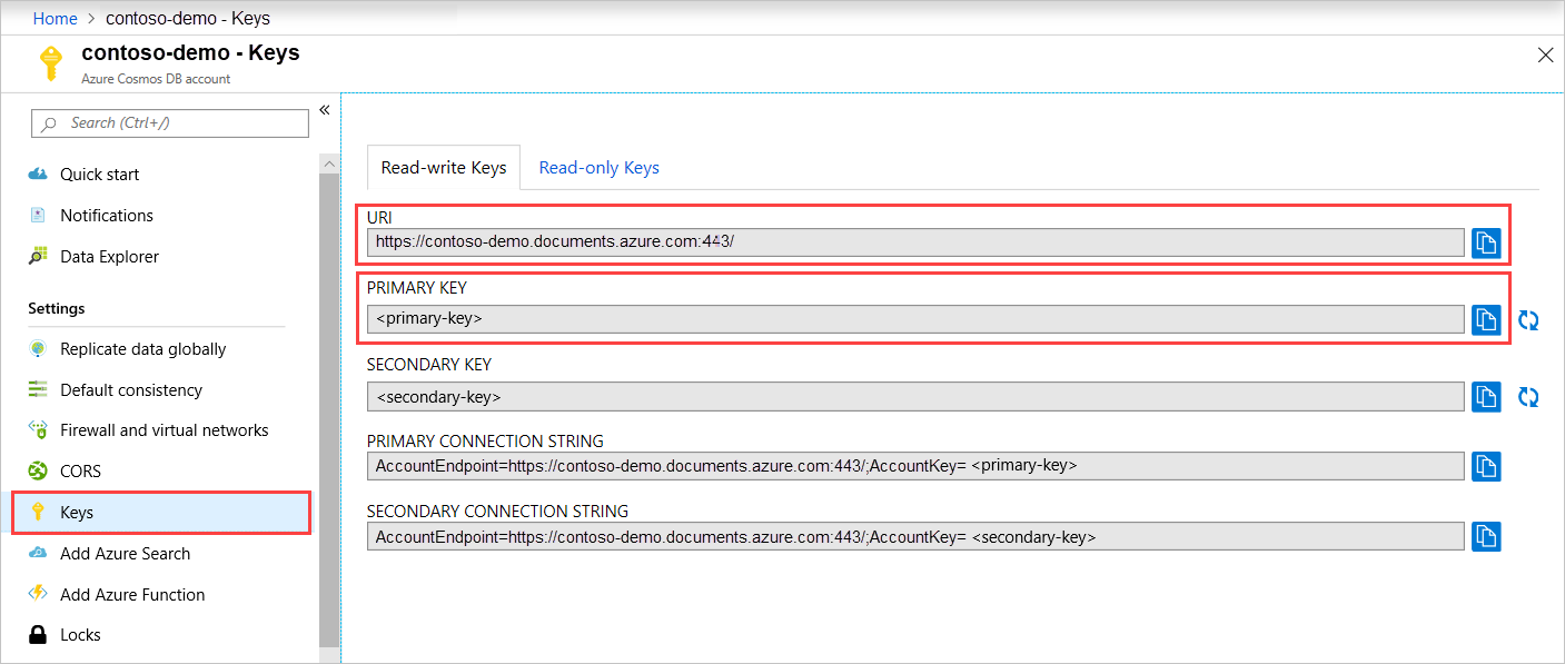 Azure 入口網站的螢幕擷取畫面，並反白顯示 Azure Cosmos DB 帳戶頁面上的 [金鑰] 按鈕