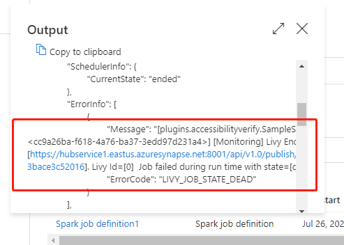此螢幕快照顯示 Spark 作業定義活動執行的輸出使用者錯誤 UI。