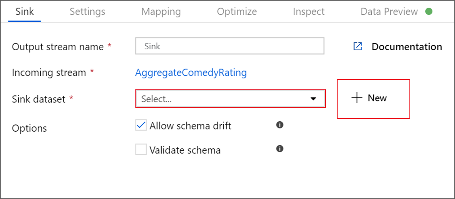 Screenshot that shows where you can name your sink and create a new sink dataset.