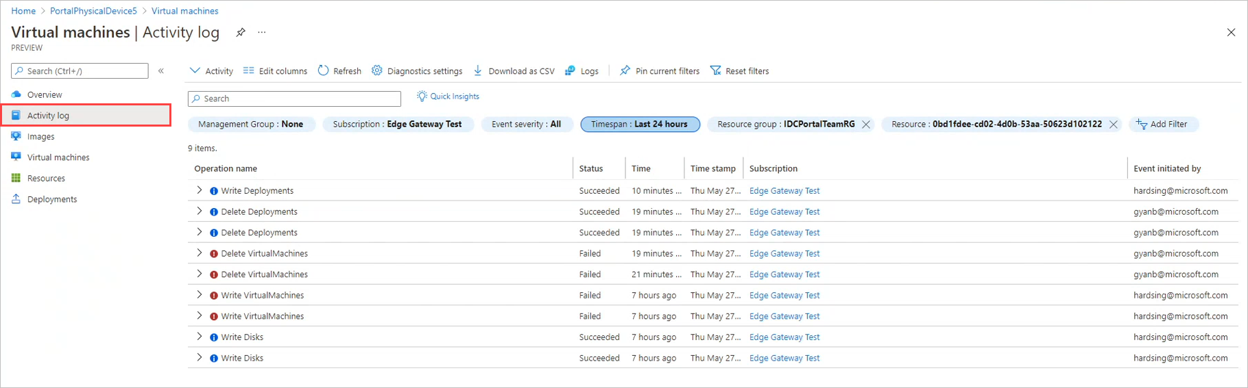 螢幕擷取畫面顯示 Azure Stack Edge 裝置上虛擬機器的 [活動記錄] 窗格。活動記錄在瀏覽窗格中已醒目顯示。