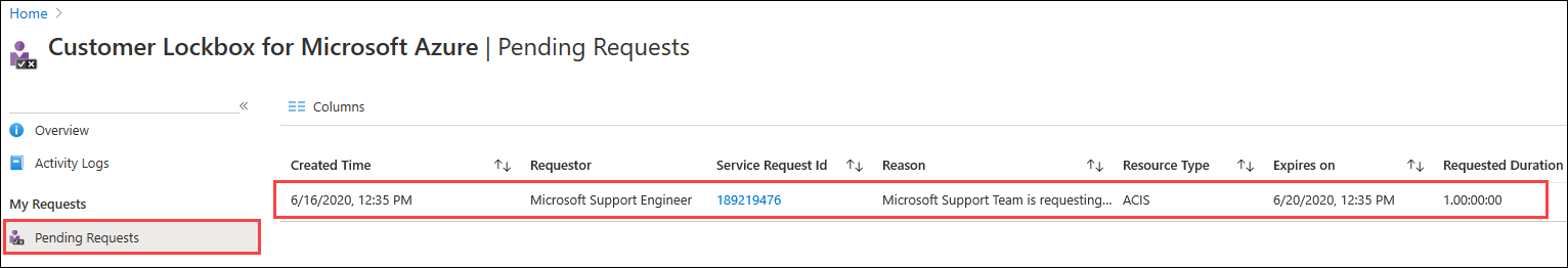 Request in Azure portal