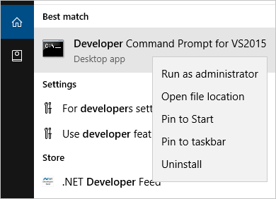 VS2015 \[開發人員命令提示字元\] 功能表的螢幕快照，其中顯示 \[以系統管理員身分執行\]