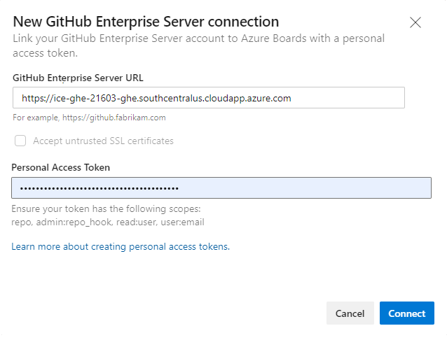 [新增 GitHub Enterprise 連線]、[個人存取令牌連線] 對話框的螢幕快照。