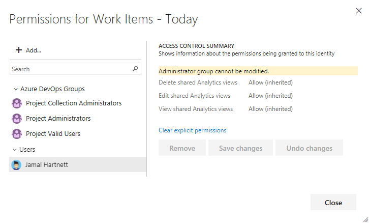 [管理共用分析檢視安全性] 對話框、變更使用者的許可權、Azure DevOps Server 的螢幕快照。