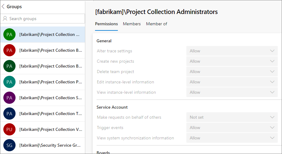 Azure DevOps Services 組織層級許可權和群組的螢幕快照。