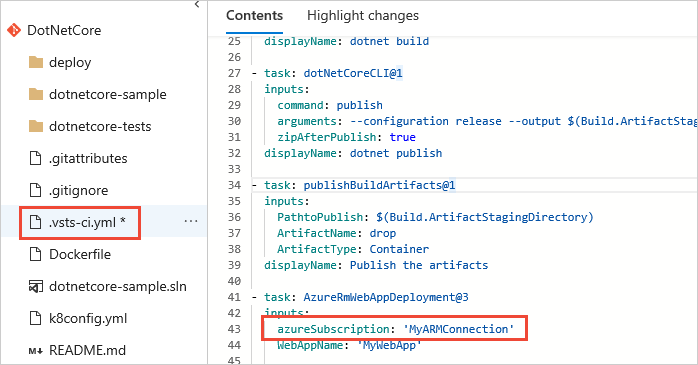 YAML 服務連線設定的螢幕快照。