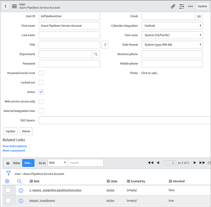 顯示如何在 ServiceNow 中設定新用戶的螢幕快照。