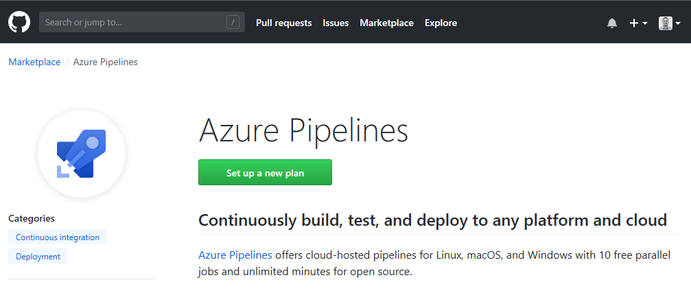 GitHub Marketplace 中的 Azure Pipelines 應用程式