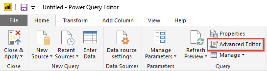 顯示 Power BI - 選取 進階編輯器 的螢幕快照。