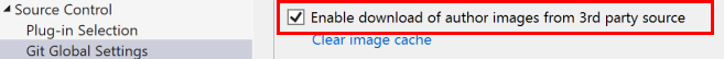 此螢幕快照顯示在 Visual Studio 的 [選項] 對話框中，啟用從第三方來源下載作者影像的複選框。