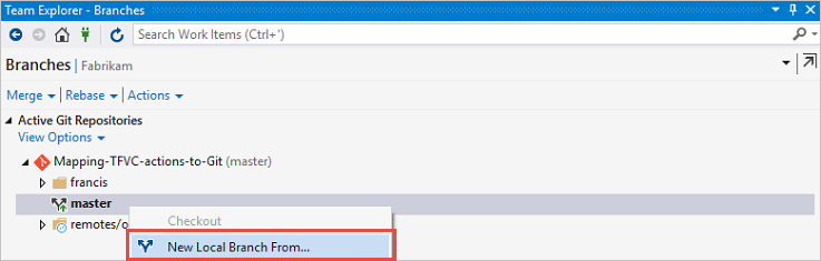 從 Visual Studio Team Explorer 建立新的分支