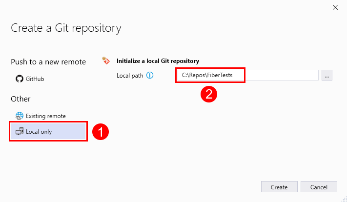 [建立 Git 存放庫] 視窗的螢幕快照，其中已選取 Visual Studio 2019 中 [僅限本機] 選項。