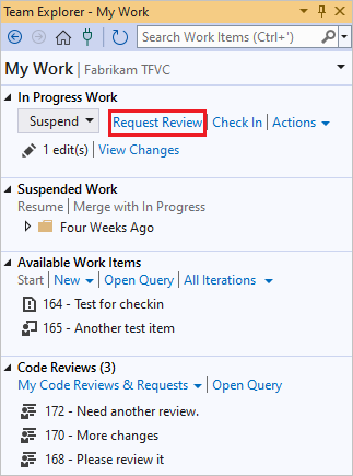 [Team Explorer My Work] 頁面的 [要求檢閱] 鏈接螢幕快照。