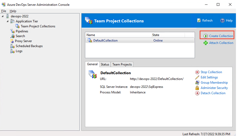 管理控制台、Team Project Collections 節點、建立集合、Azure DevOps Server 2022 的螢幕快照。