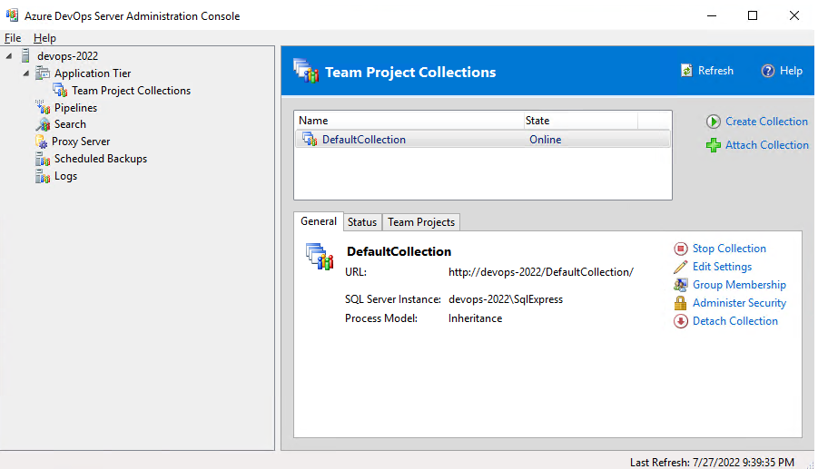 管理主控台、Team Project Collections節點、Azure DevOps Server 2022 的螢幕快照。