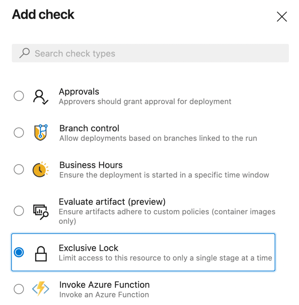 在 [新增檢查] 頁面中，選取 [獨佔鎖定]，以確保一次只有單一執行部署至環境。