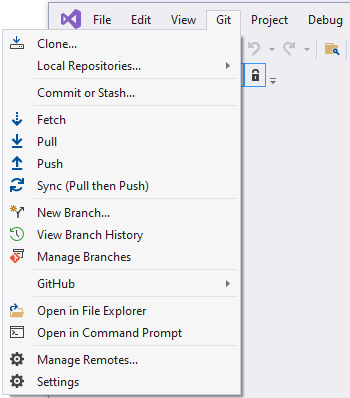 Visual Studio 2019 Git 功能表的螢幕快照。