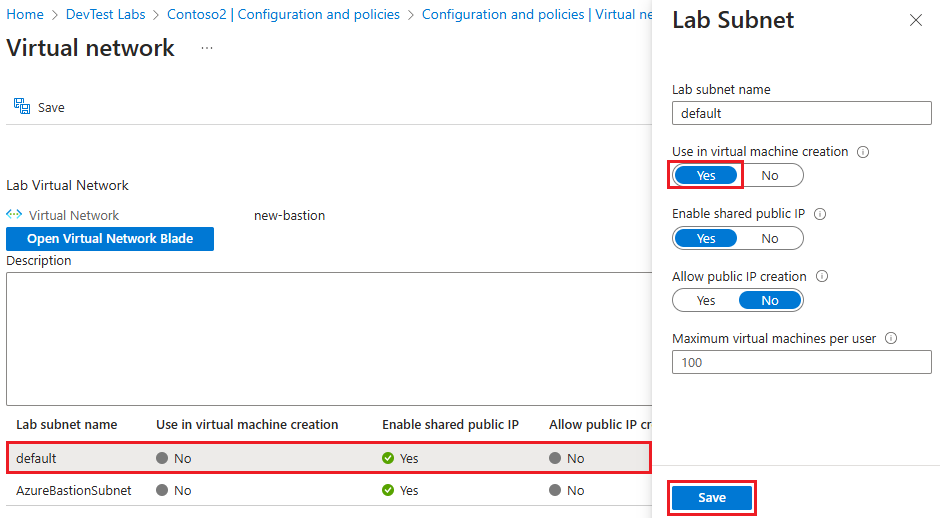 Screenshot that shows enabling V M creation in the default subnet.