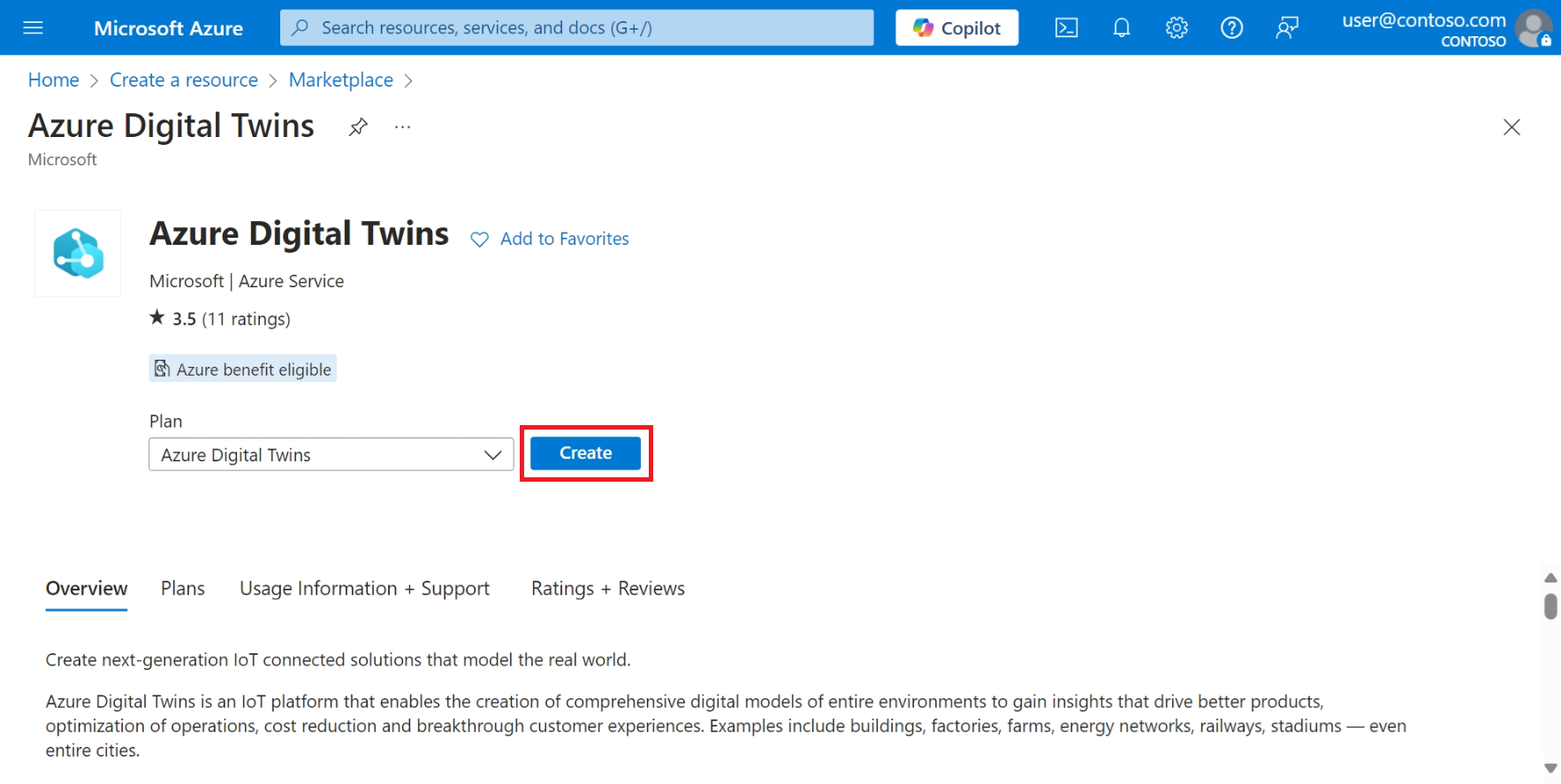 Azure 入口網站的螢幕擷取畫面，其中醒目提示 Azure Digital Twins 服務頁面中的 [建立] 按鈕。