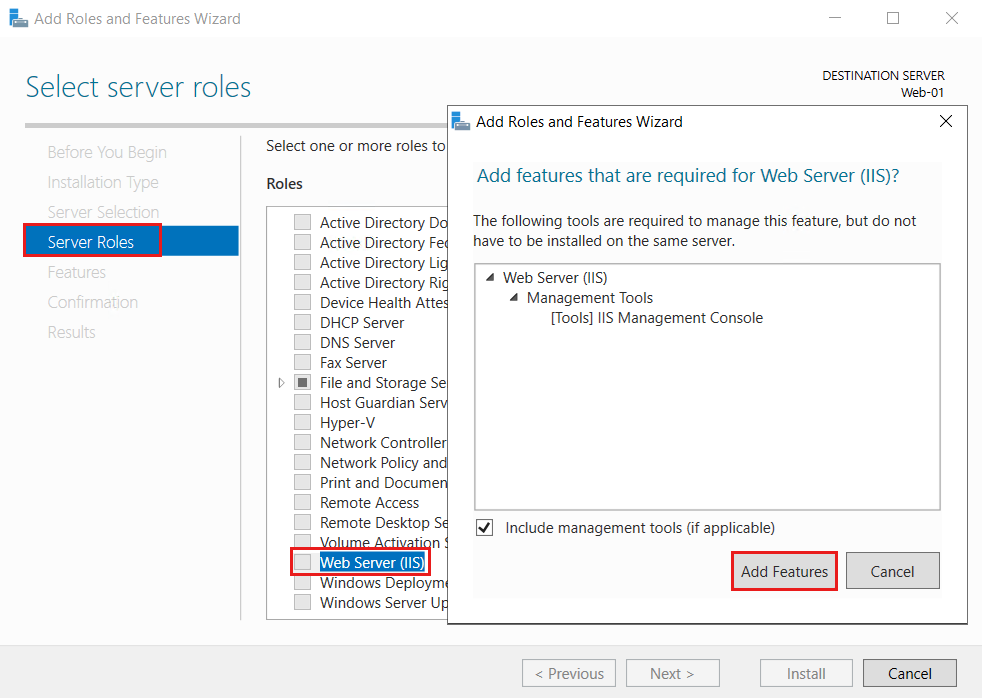 Windows Server 2019 中的 [新增角色及功能精靈] 的螢幕擷取畫面，顯示如何藉由新增網頁伺服器角色來安裝 IIS 網頁伺服器。