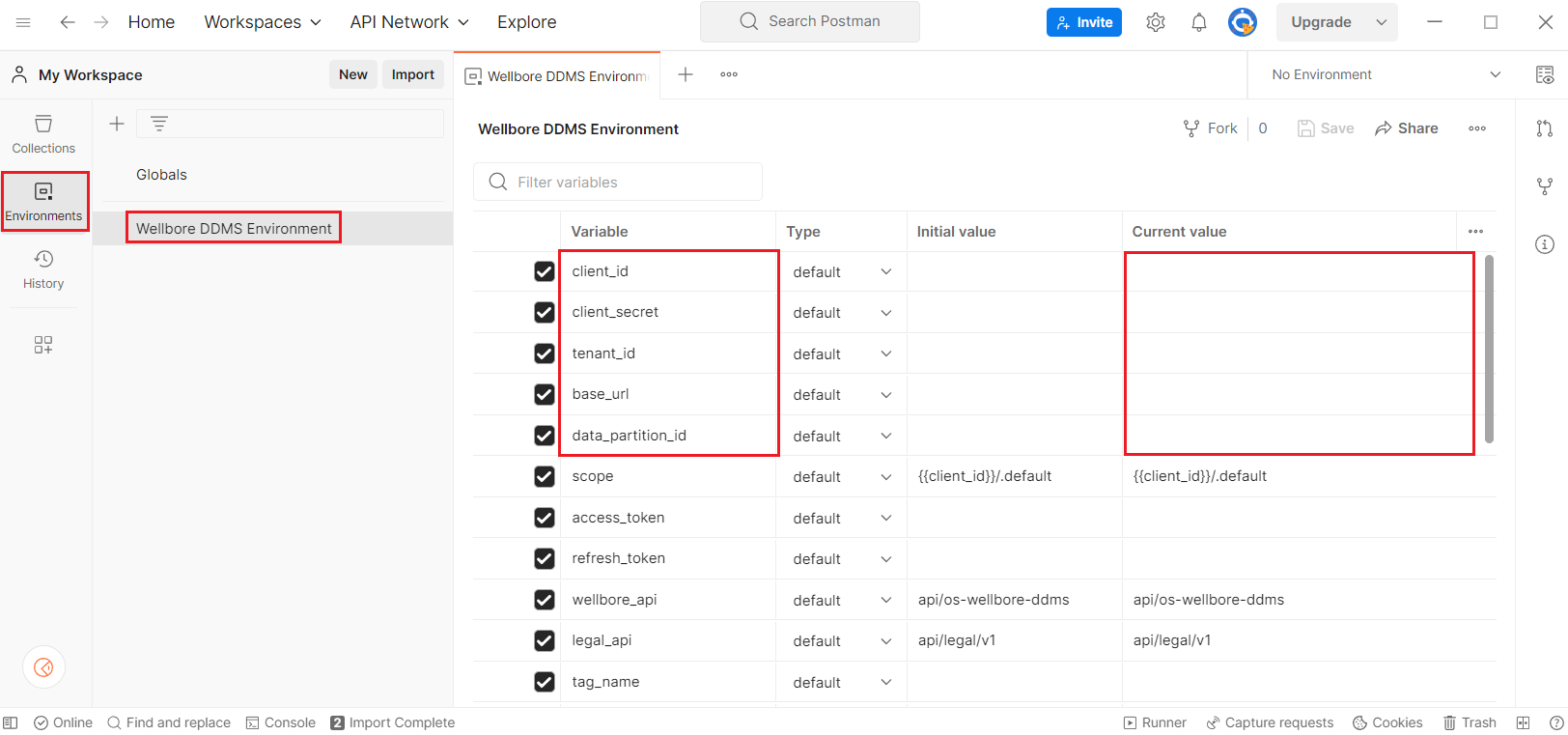 Screenshot that shows where to enter current values in the Wellbore DDMS environment.