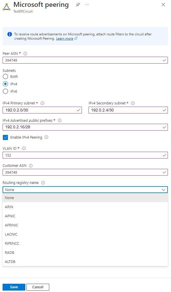 顯示如何更新Microsoft對等互連設定的螢幕快照。