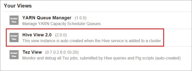 Apache Ambari 選取 Apache Hive 檢視。