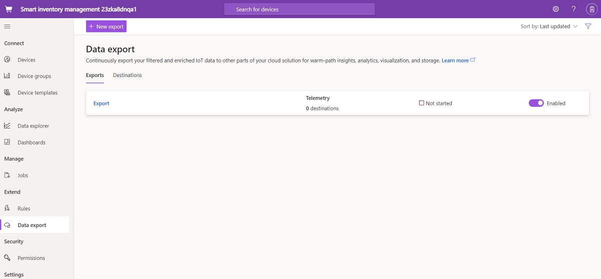 Screenshot that shows the Data export page where you configure data exports to various destinations.