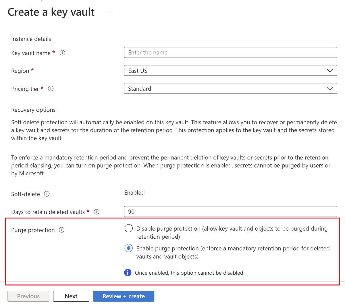 螢幕擷取畫面：顯示如何在 Azure 入口網站中建立新金鑰保存庫時啟用清除保護。