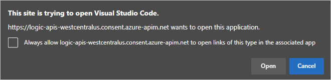 顯示提示開啟 Visual Studio Code 連結的螢幕擷取畫面。