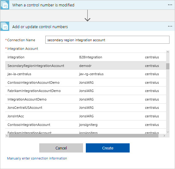 Screenshot that shows where to add a secondary region integration account name.