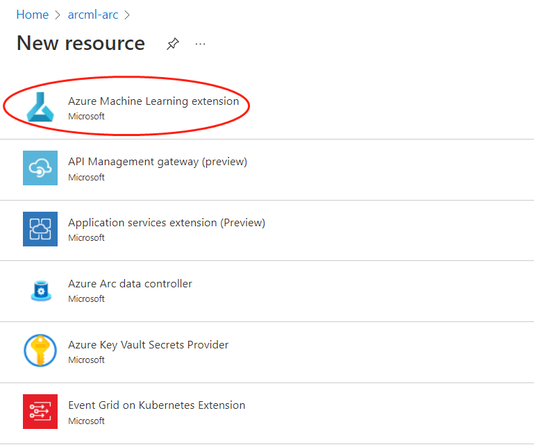 從 Azure 入口網站選取 Azure Machine Learning 延伸模組的螢幕擷取畫面。