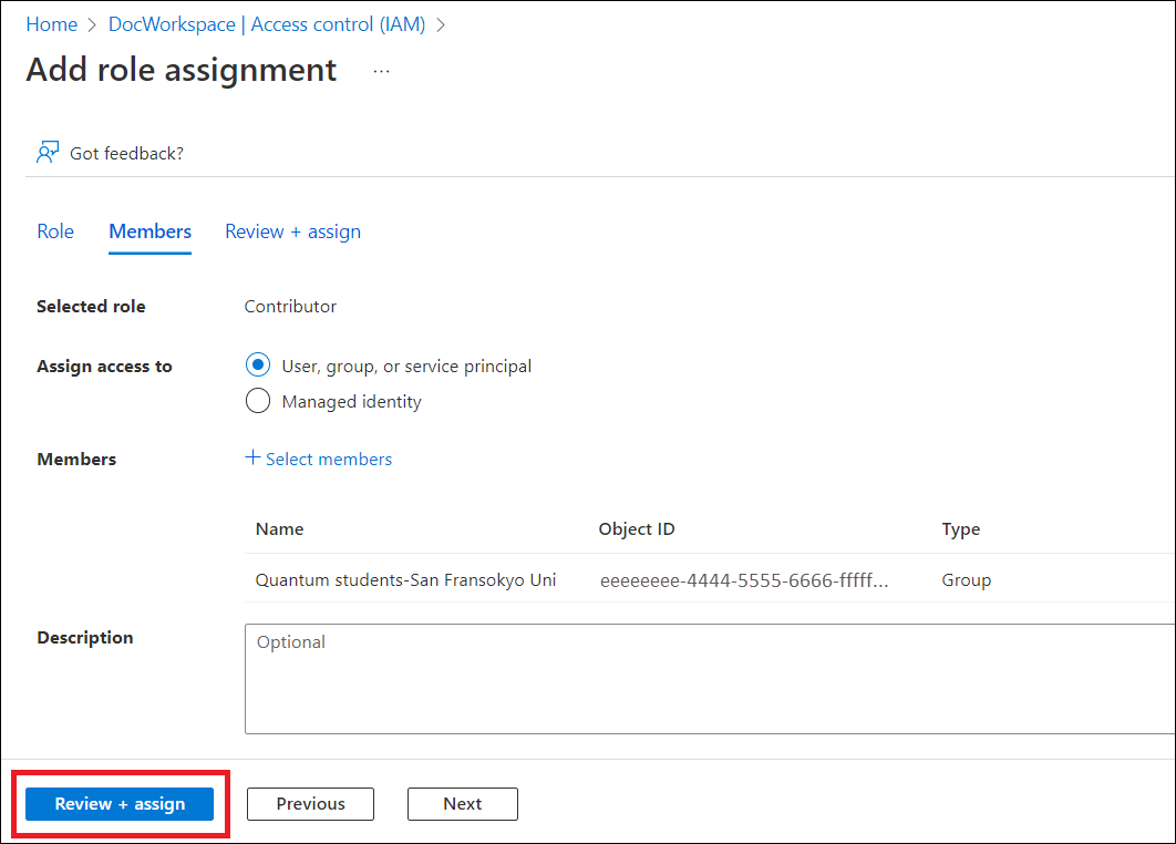 顯示如何將群組指派為 Azure Quantum 工作區參與者的螢幕快照。