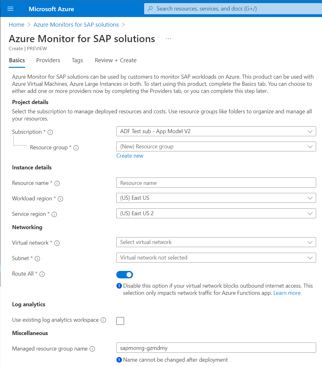 顯示適用於 Azure Monitor for SAP Solutions 執行個體基本詳細資料的螢幕擷取畫面。