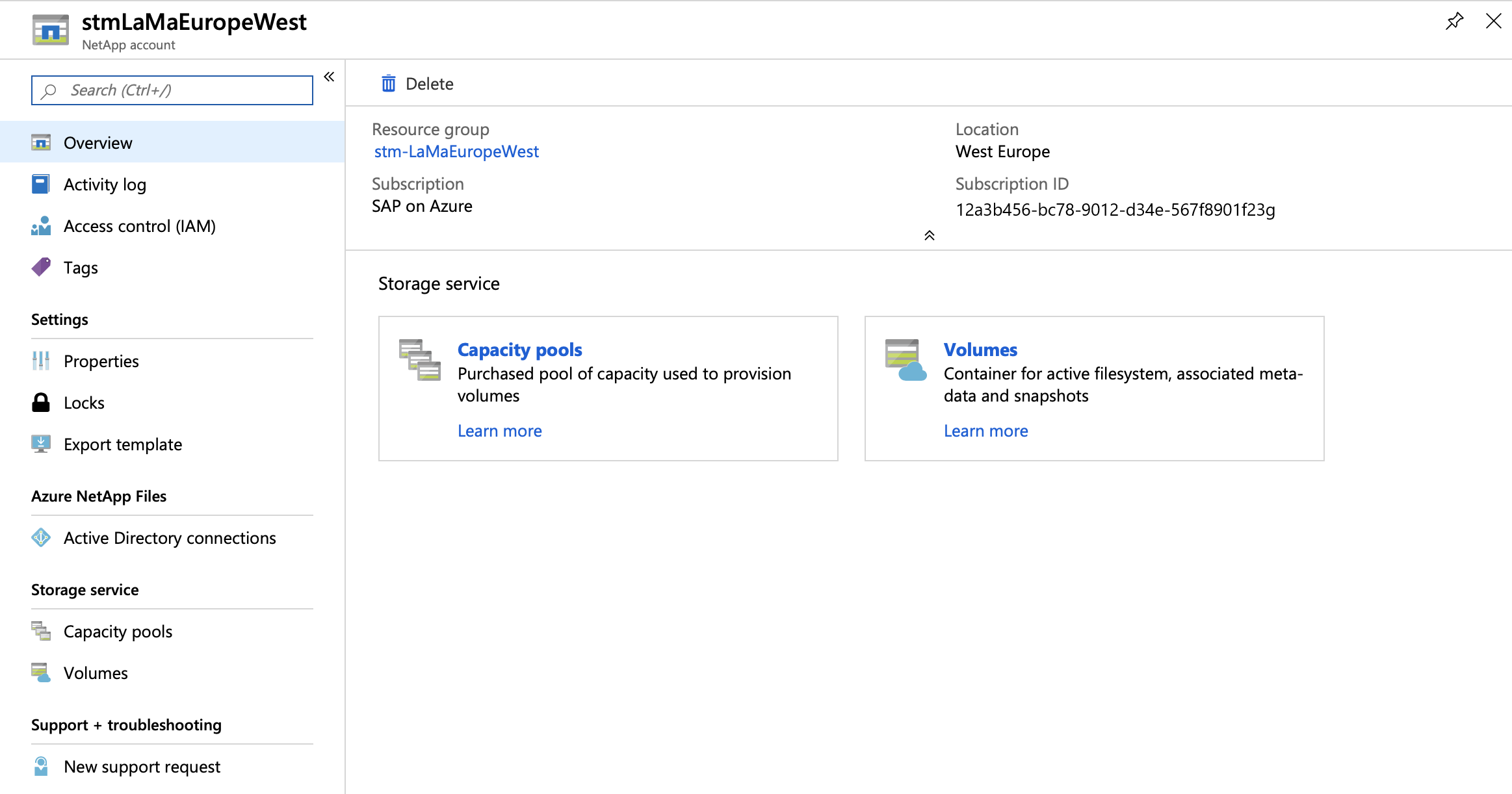 Screenshot that shows a created LaMa NetApp account.