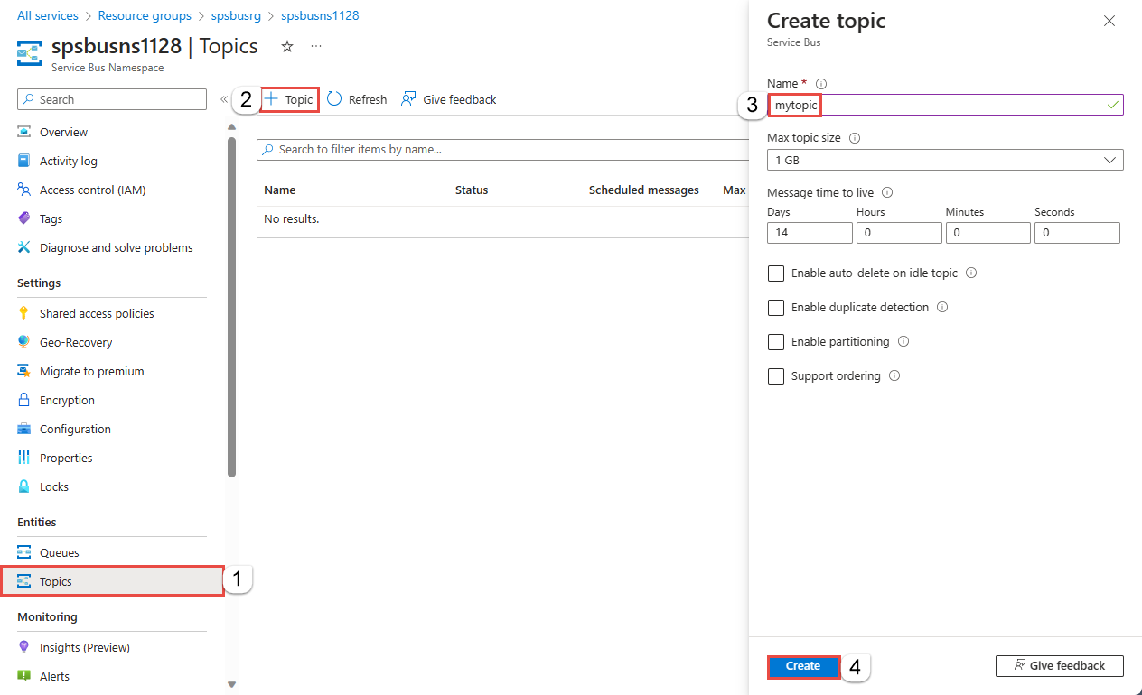 顯示 Azure 入口網站 中 [建立主題] 頁面的螢幕快照。