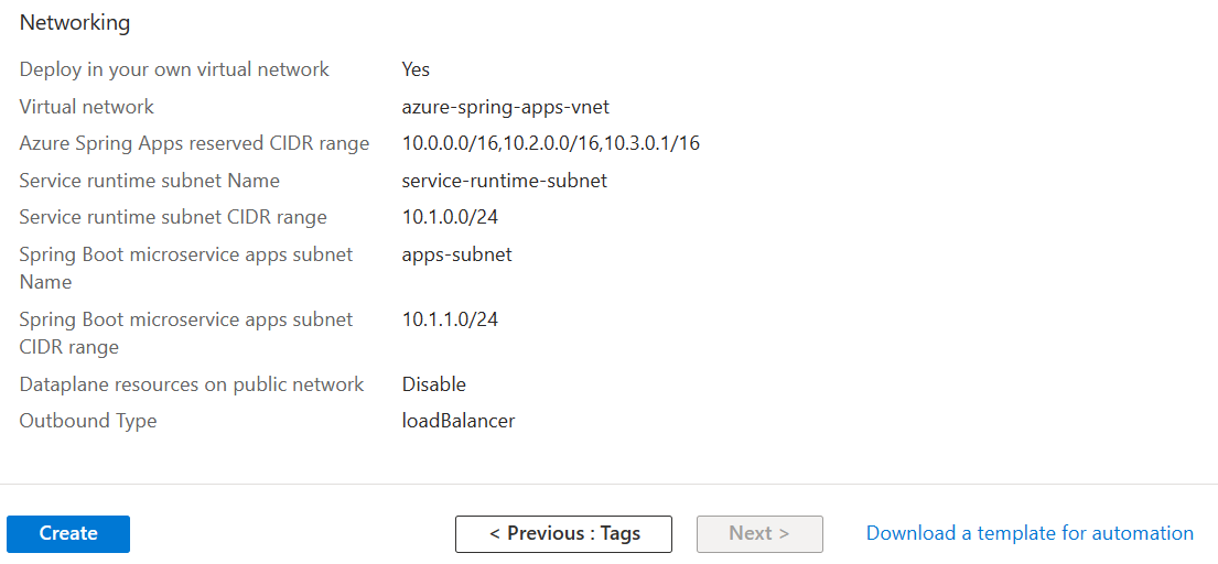 Azure 入口網站 [Azure Spring Apps 建立] 頁面的螢幕擷取畫面，其中顯示 [檢閱和建立] 索引標籤標的 [網路] 區段。