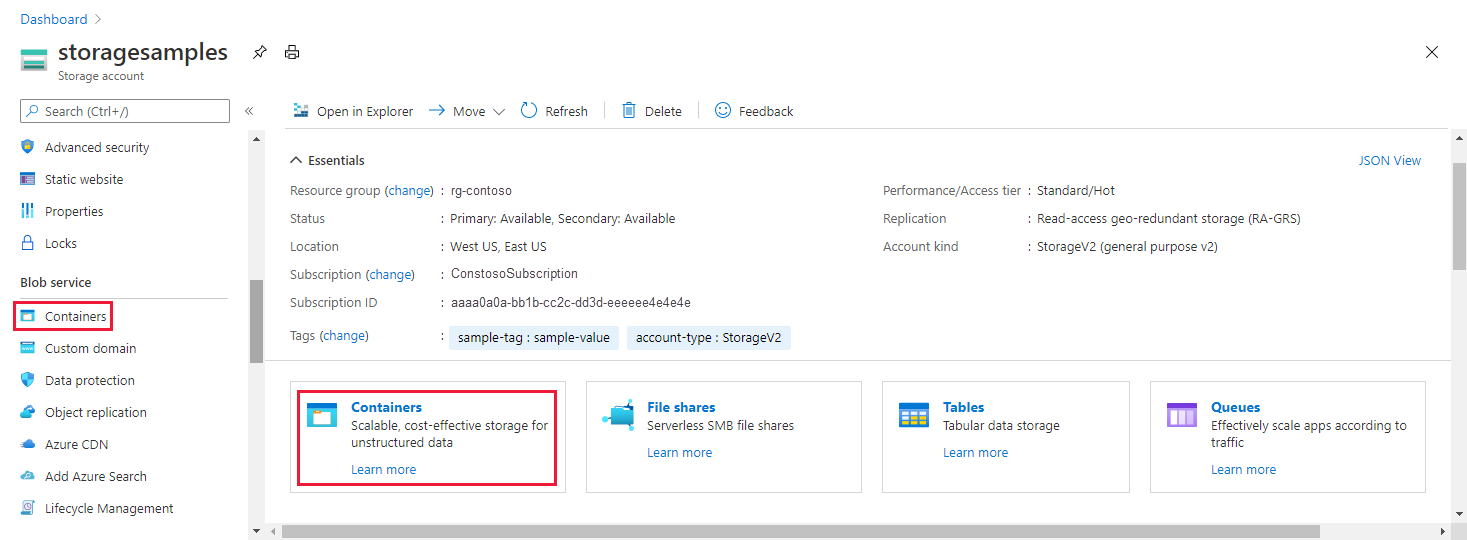 顯示如何在 Azure 入口網站 中流覽至 Blob 資料的螢幕快照