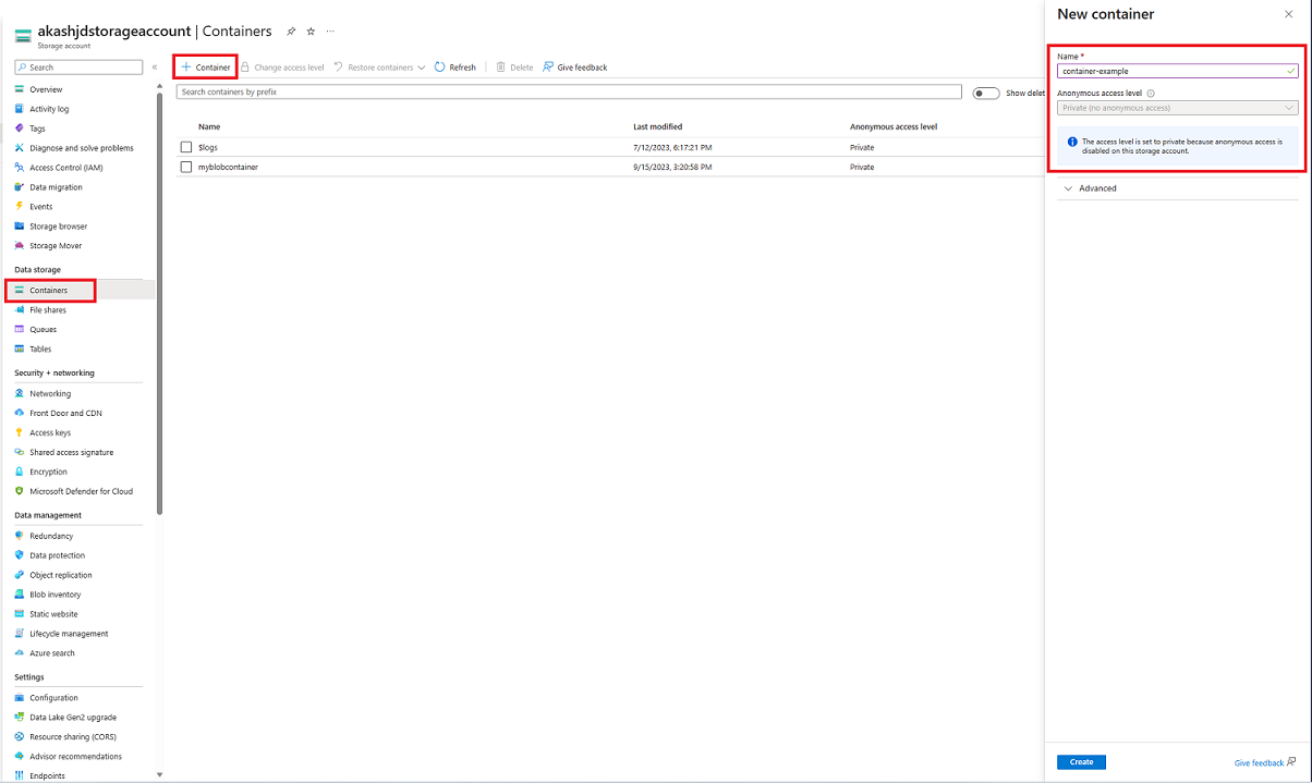 Screenshot showing how to create a container within the Azure portal.