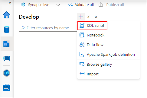 選取 [SQL 腳本] 以建立新查詢的螢幕快照。