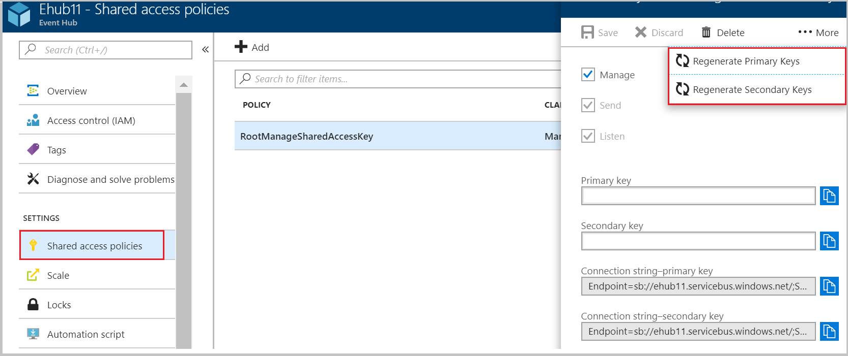 Regenerate keys for Event Hubs