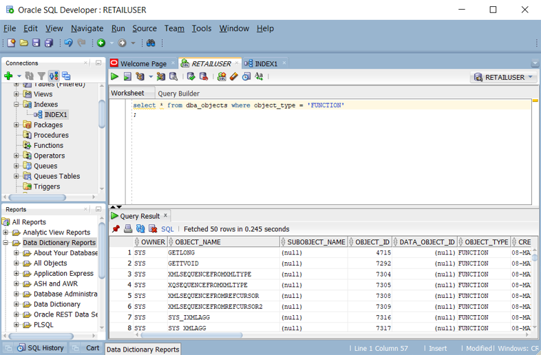 顯示如何在 Oracle SQL 開發人員中查詢函式清單的螢幕快照。