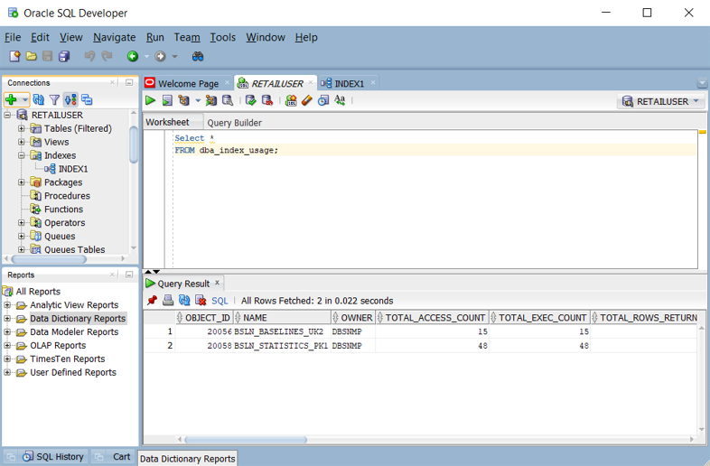 顯示如何找出 Oracle SQL 開發人員中使用哪些索引的螢幕快照。