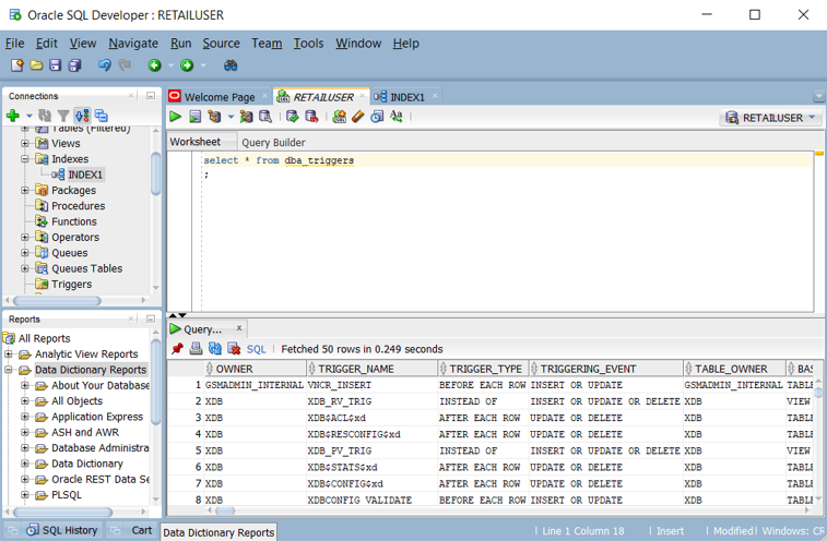 顯示如何在 Oracle SQL 開發人員中查詢觸發程式清單的螢幕快照。