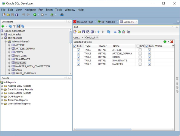 SQL 開發人員購物車選項 UI 的螢幕快照。